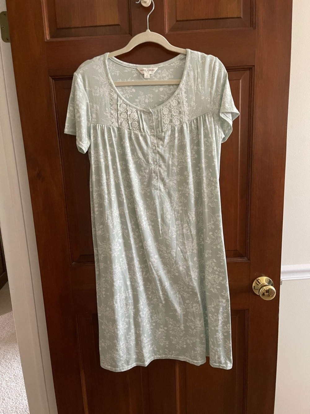 Laura Ashley Soft Sage Floral Button-Front Nightgown with Lace